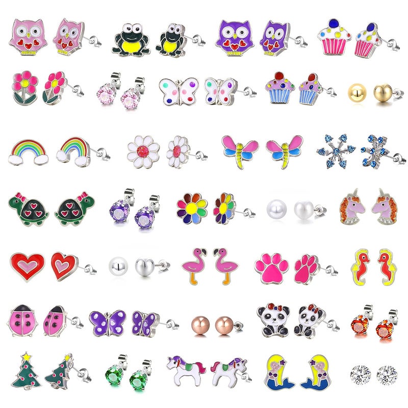 DALOO Colorful Earrings Set : 33-Pair Hypoallergenic Earrings for Girls Sensitive Ears with Stainless Steel Post -Assorted Cute Stud Earring Set - Image 1