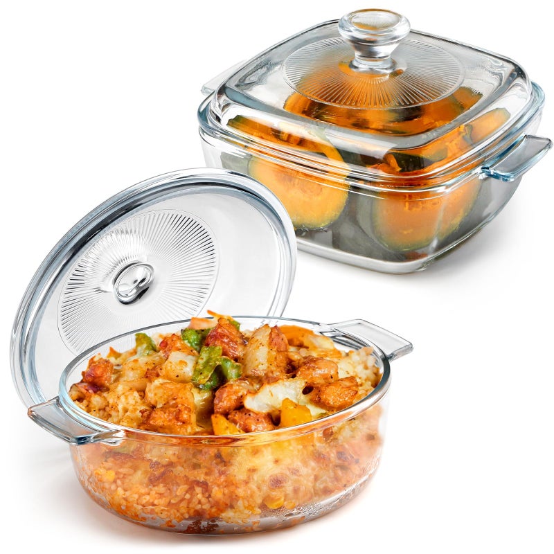 NUTRIUPS Mini Glass Casserole Dish Set with Lid Oven Safe Casserole Dish Set 2 Pack (5.9in Square+6in Round), 25oz Glass Microwave Bowl With Lid Microwavable Cookware - Image 1