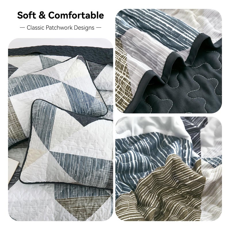Dintszyayue King Size Quilt Grey Blue, 3 Pieces Patchwork Bedspread Bedding for King Size Bed, Soft Lightweight Microfiber Geometric Coverlet Set for All Season Quilts with 2 Pillowcases - Image 5