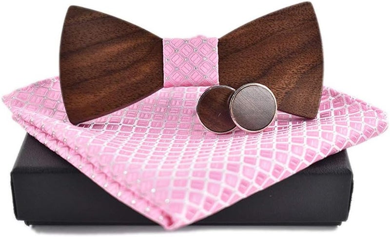 Novelty Wood Bow Tie Handmade Groom Groomsman Pre-tie Bowtie Pocket Square and Men's Cufflinks Set with Gift Box