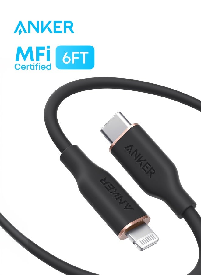 كابل باور لاين III فلو من آنكر من USB-C إلى Lightning لهاتف آيفون 12 برو ماكس و12 و11 برو وX وXS وXR و8 بلس، وسماعات آيربودز برو، (بطول 6 أقدام) [معتمد من MFi من أبل] ويدعم تقنية باور دليفري، ومصنوع من جل السيليكا - Image 1