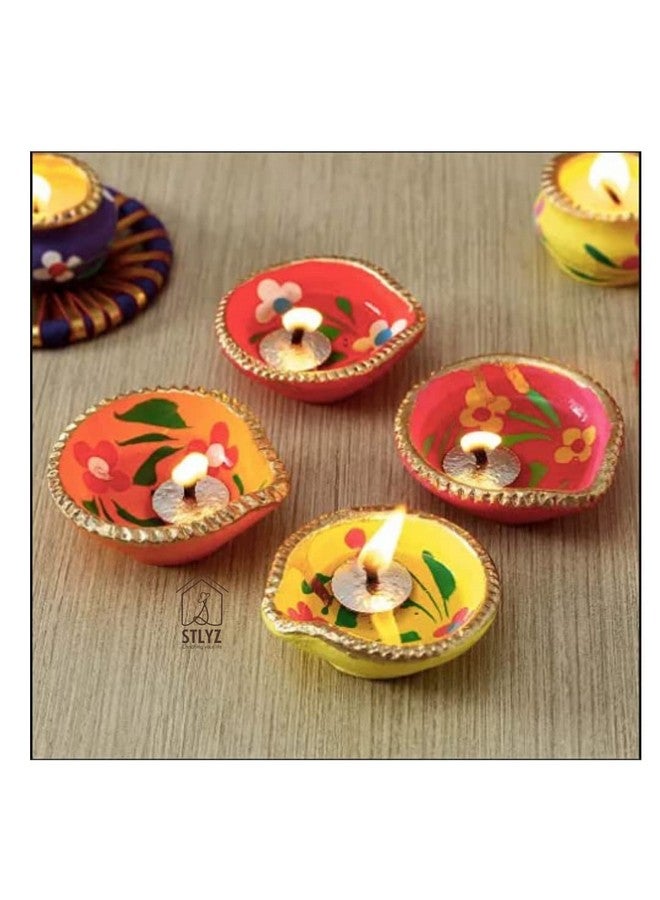 STLYZ Colourful Handmade Diyas for Diwali (101 Pcs) Hand Painted Decorative Clay Mitti Diya Deepak Lanterns for Diwali Decoration - Image 5