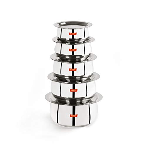 Sumeet Stainless Steel Belly Shape 5 Pc Tope/Cookware/Pot Set with Lid 380ML, 500ML, 780ML, 1.1Ltr, 1.4Ltr, (Silver) - Image 1