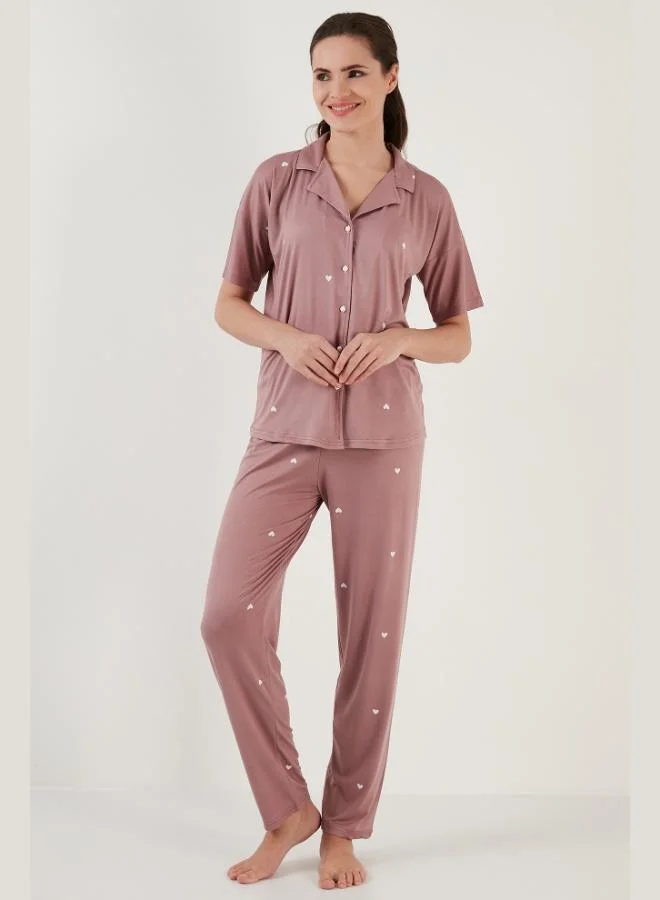 Lela Lela Patterned Short Sleeve Elastic Waist Shirt Collar Woven Pajama Set Women's Pajama Set 6097515
