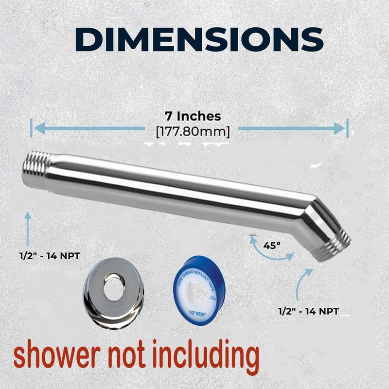 MLD 7 Inches Shower Arm Flange Teflon Tape Shower Head Extension Extender Pipe Arm WallMounted For Fixed Bathroom Shower Head SARM10107inchSteel Pack of 1 - Image 2