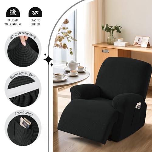TAOCOCO Recliner Cover 4-Pieces, Recliner Stretch Sofa Slipcover, Recliner Cover 1 Seat, Couch Protector Soft, Furniture Protector Covers with Elastic,Chair Covers Jacquard Pattern (Black) - Image 3