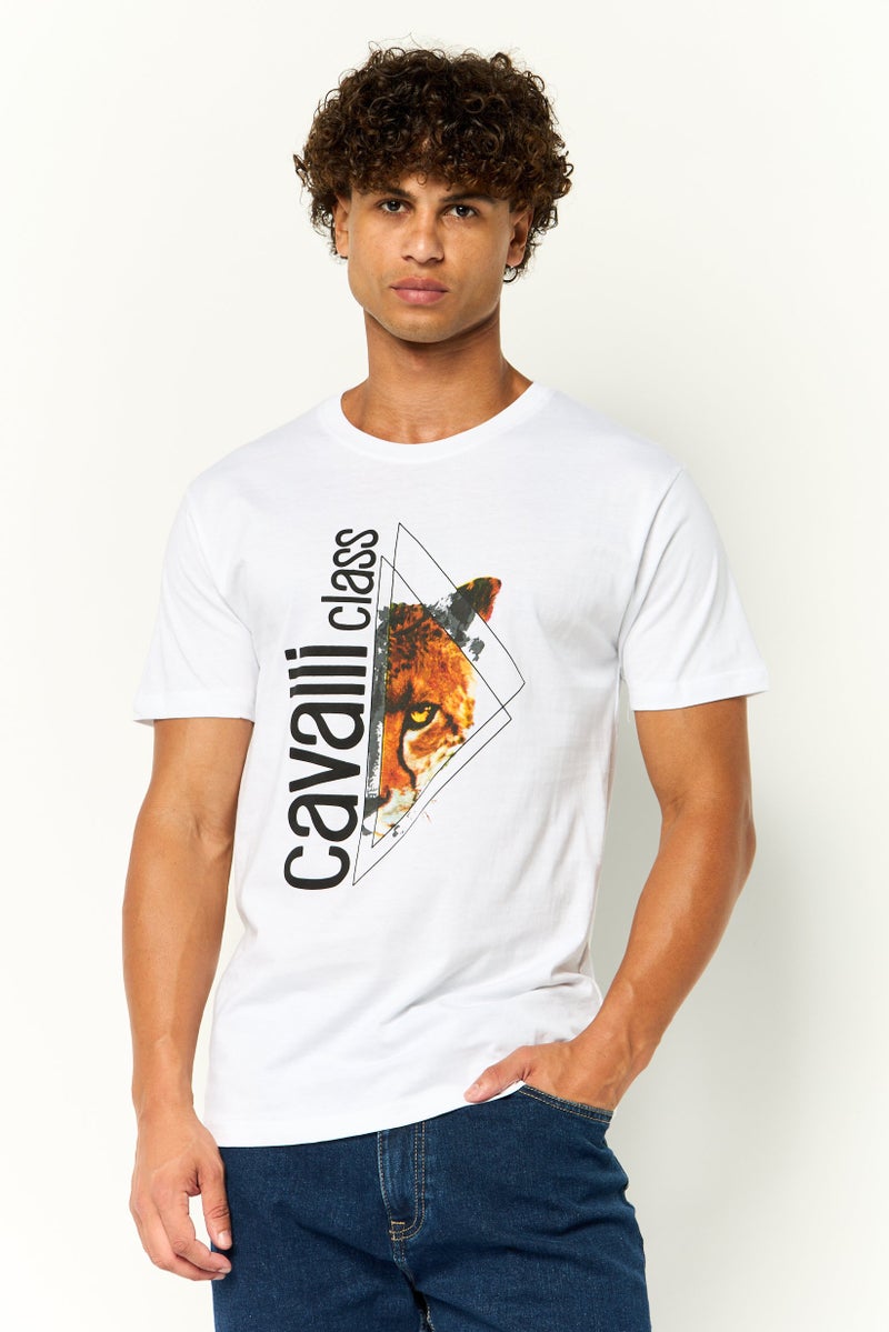 Cavalli Class تي شيرت رجالي بأكمام قصيرة وياقة دائرية بطباعة جرافيك، أبيض - Image 1