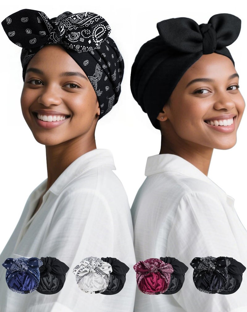 Ababalaya 2PCS Satin Lined Beanies for Women Chemo Headwear Silky Lined Cotton Sleeping Cap (2, 2Black) - Image 1