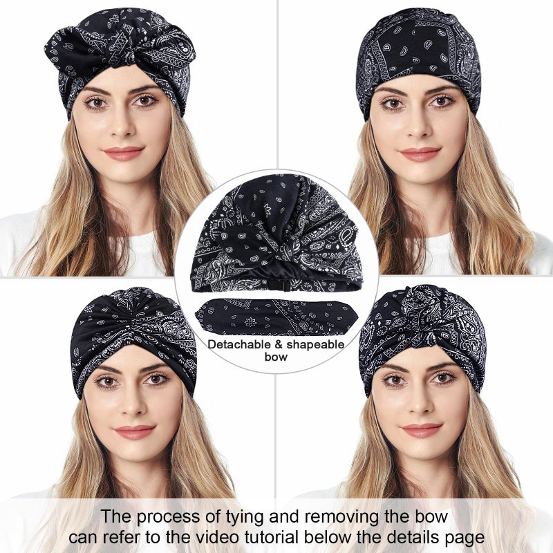 Ababalaya 2PCS Satin Lined Beanies for Women Chemo Headwear Silky Lined Cotton Sleeping Cap (2, 2Black) - Image 3