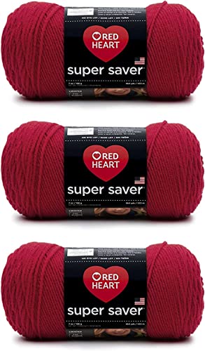 RED HEART خيط ريد هارت سوبر سيفر تشيري ريد - عبوة 3 من 198 جرام/7 أونصات - أكريليك - 4 متوسط (ورستد) - 364 ياردة - حياكة/كروشيه - Image 1