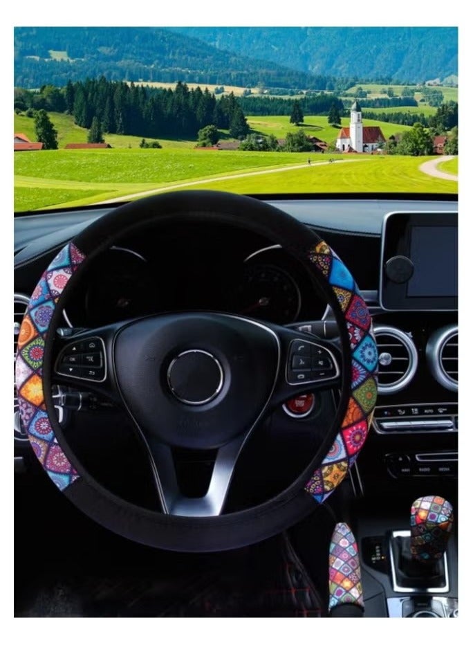 Generic Car Decoration – 3-Piece Car Accessories Set with a Beautiful Bohemian Print, Including 1 Steering Wheel Cover, 1 Handbrake Cover, and 1 Gear Shift Cover for Interior Protection & Styling - Image 2