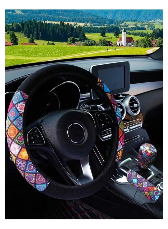 Generic Car Decoration – 3-Piece Car Accessories Set with a Beautiful Bohemian Print, Including 1 Steering Wheel Cover, 1 Handbrake Cover, and 1 Gear Shift Cover for Interior Protection & Styling - Image 3