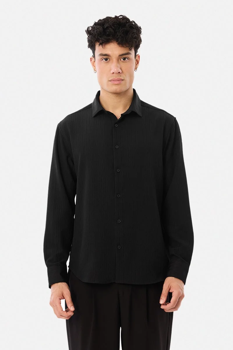 سنيتش Black Textured Long Sleeve Regular Fit Shirt