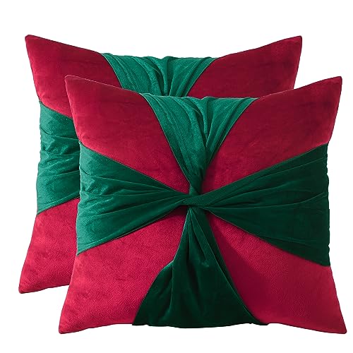 Tosleo Christmas Throw Pillow Cover 18 x 18 inch Set of 2 Red with Green Belt Velvet Pillow case Xmas Party Decorations Pillowcase Winter Holiday Cushion Case - Image 1