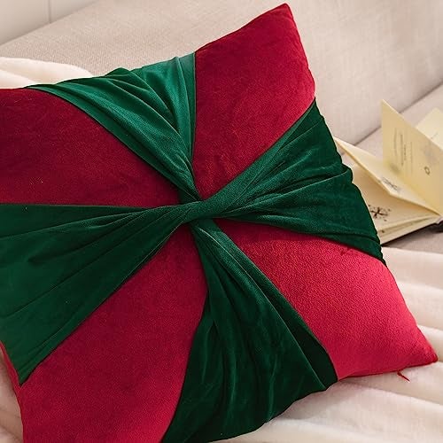 Tosleo Christmas Throw Pillow Cover 18 x 18 inch Set of 2 Red with Green Belt Velvet Pillow case Xmas Party Decorations Pillowcase Winter Holiday Cushion Case - Image 3