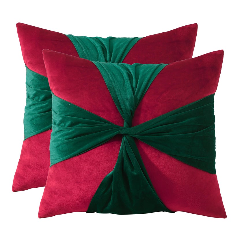 Tosleo Christmas Throw Pillow Cover 18 x 18 inch Set of 2 Red with Green Belt Velvet Pillow case Xmas Party Decorations Pillowcase Winter Holiday Cushion Case - Image 2