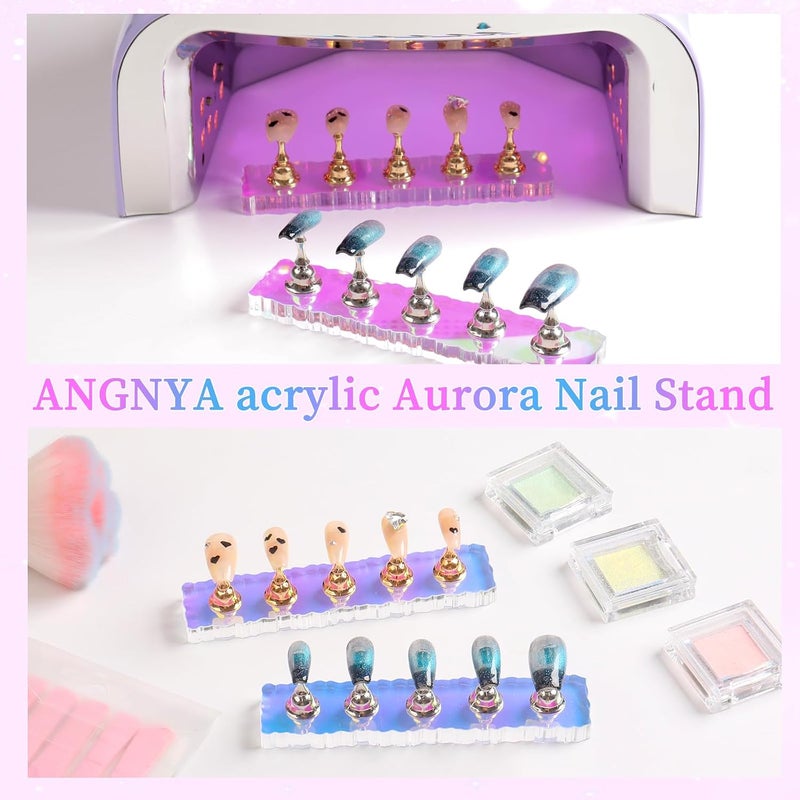 ANGNYA 2 Set Nail Stand ,Aurora Nail Holder for Painting Nail Stand for Press on with 96 Pcs Reusable Sticky Putty Nail Display Stand Nail Hand Practice Magnetic Nail Art Tools for Homes and Salons - Image 3