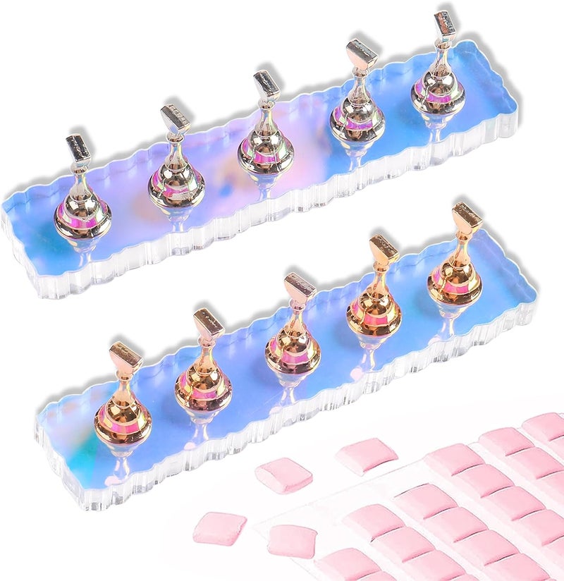 ANGNYA 2 Set Nail Stand ,Aurora Nail Holder for Painting Nail Stand for Press on with 96 Pcs Reusable Sticky Putty Nail Display Stand Nail Hand Practice Magnetic Nail Art Tools for Homes and Salons - Image 1