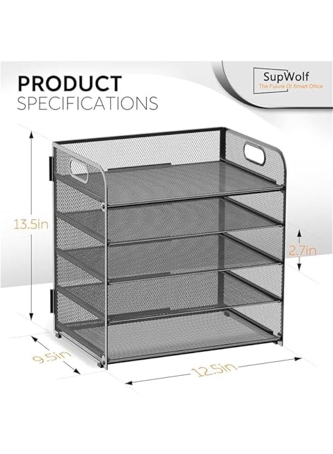 HOOKOR Letter Tray Paper Organizer 5-Tier Desk Organizer File Organizer Paper Holder with Handle, Metal Desktop Document Shelf Tray Office Classroom Organization (Black) - Image 2