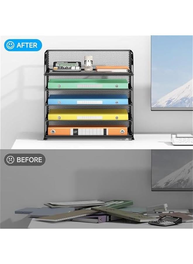HOOKOR Letter Tray Paper Organizer 5-Tier Desk Organizer File Organizer Paper Holder with Handle, Metal Desktop Document Shelf Tray Office Classroom Organization (Black) - Image 3