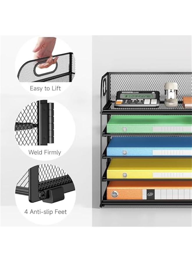 HOOKOR Letter Tray Paper Organizer 5-Tier Desk Organizer File Organizer Paper Holder with Handle, Metal Desktop Document Shelf Tray Office Classroom Organization (Black) - Image 4