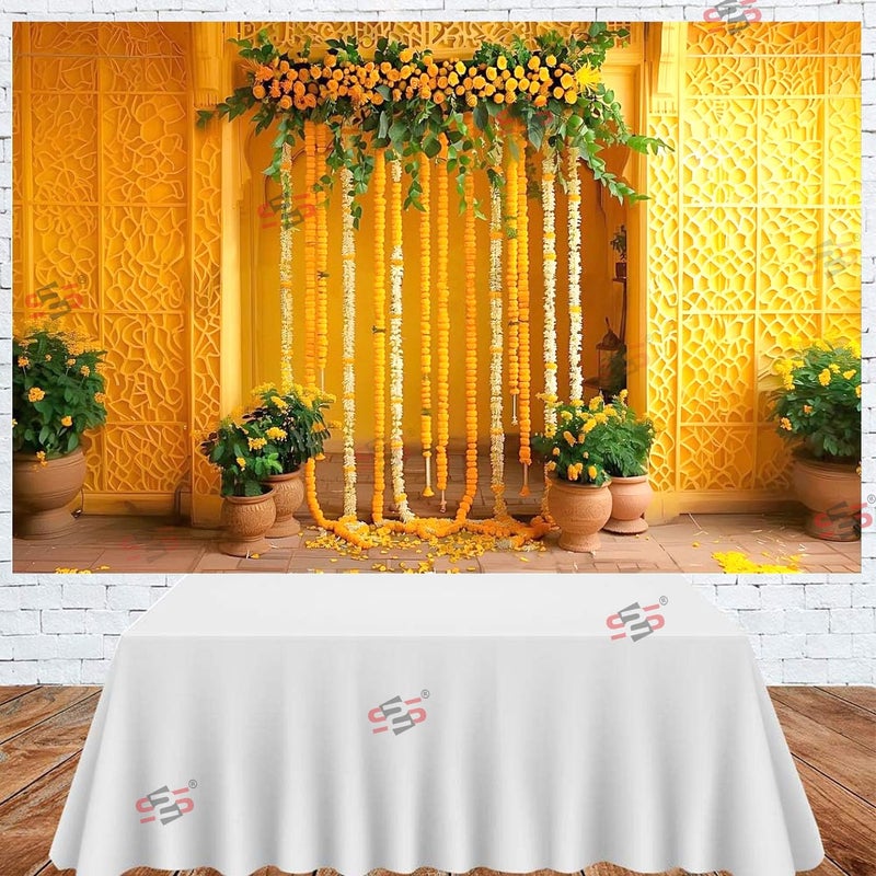 S2S قماش خلفية زينة هالدي الأصفر الأنيق | عناصر زينة هالدي للمنزل | خلفية لتزيين البوجا - (5 × 8 قدم) - Image 2