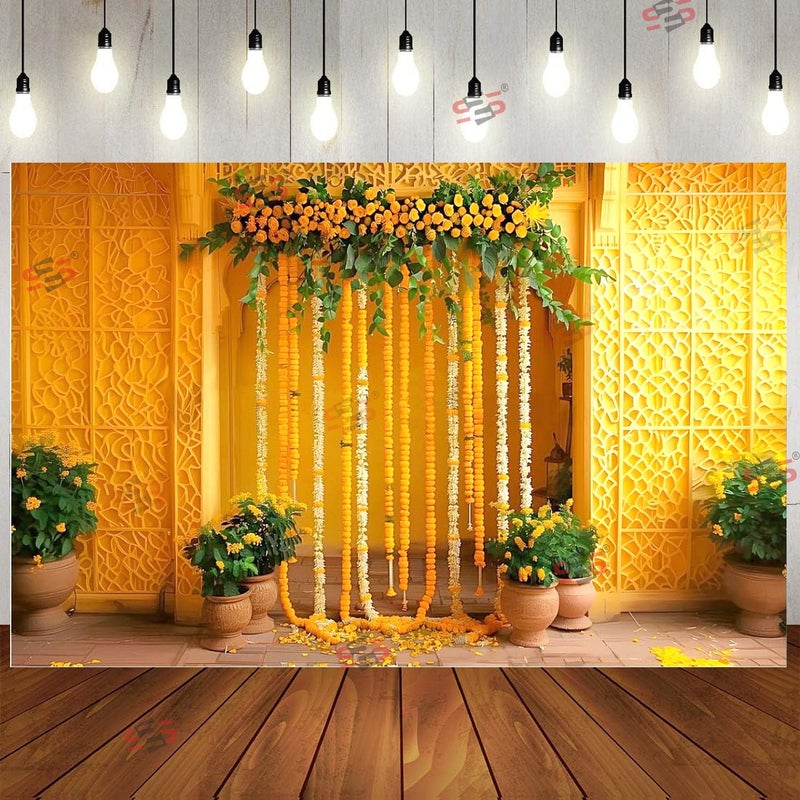 S2S قماش خلفية زينة هالدي الأصفر الأنيق | عناصر زينة هالدي للمنزل | خلفية لتزيين البوجا - (5 × 8 قدم) - Image 1