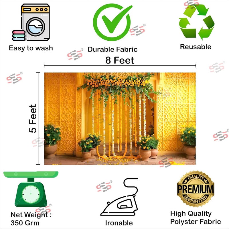 S2S قماش خلفية زينة هالدي الأصفر الأنيق | عناصر زينة هالدي للمنزل | خلفية لتزيين البوجا - (5 × 8 قدم) - Image 4