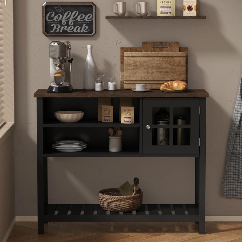 choochoo ChooChoo Farmhouse Coffee Bar Cabinet Buffet Cabinet with Storage Sideboard Buffet with Glass Door Console Table for Kitchen Hallway Entrance Black 