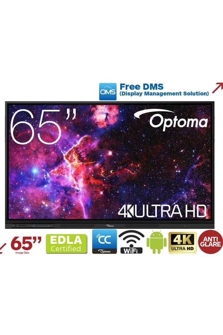 أوبتوما شاشة تفاعلية Optoma 3652RK مقاس 65 بوصة - شاشة LED مباشرة بدقة 4K UHD مع نوافذ متعددة PiP، وتقنية CreativeCast Pro، وWi-Fi 6/Bluetooth 5.2، ولوحة بيضاء سحابية، وتكامل مع GoogleClassroom، وشاشة معتمدة من TUV لحماية العين  - Image 1