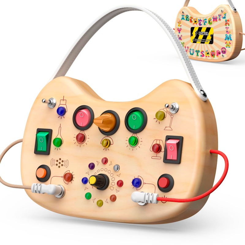 UdoUto Montessori Wooden Busy Board for Toddlers with LED Light Lights & Switches,Portable Activity Board for Car & Airplane Travel Toys, Christmas & Birthday Gift for 1-3 Year Old Boys & Girls - Image 1