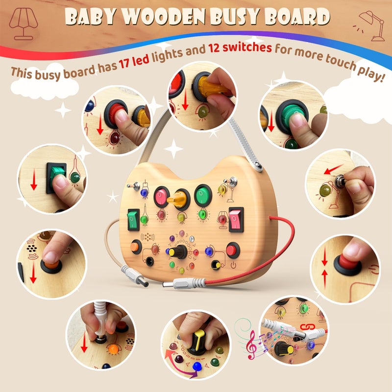 UdoUto Montessori Wooden Busy Board for Toddlers with LED Light Lights & Switches,Portable Activity Board for Car & Airplane Travel Toys, Christmas & Birthday Gift for 1-3 Year Old Boys & Girls - Image 2