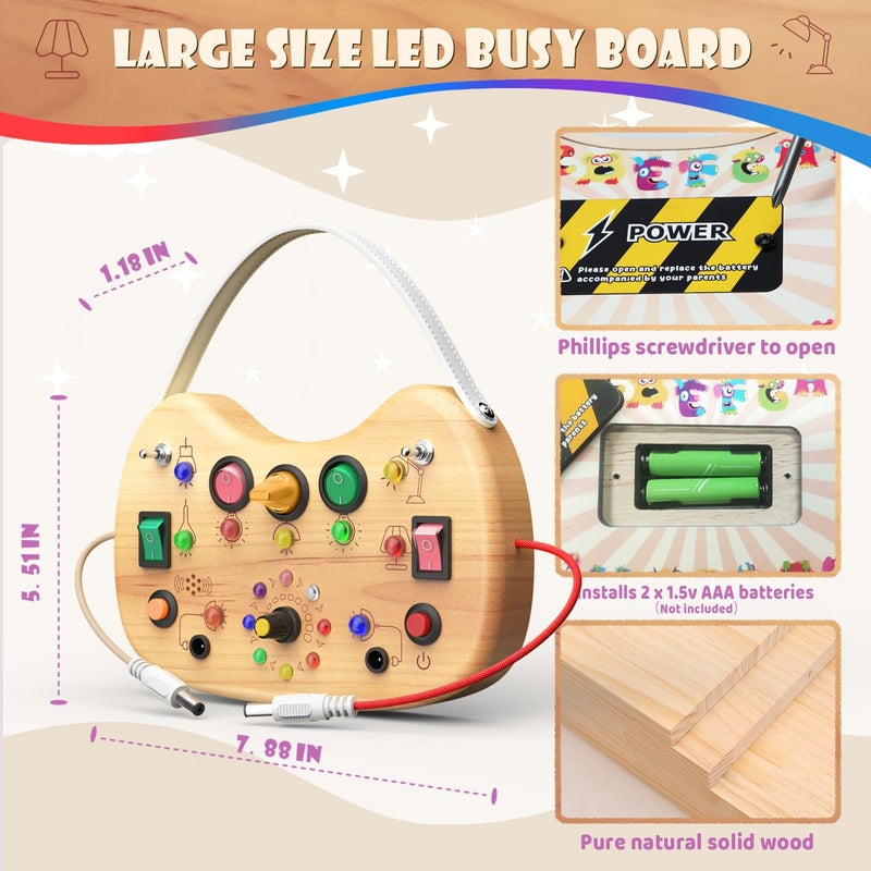 UdoUto Montessori Wooden Busy Board for Toddlers with LED Light Lights & Switches,Portable Activity Board for Car & Airplane Travel Toys, Christmas & Birthday Gift for 1-3 Year Old Boys & Girls - Image 4
