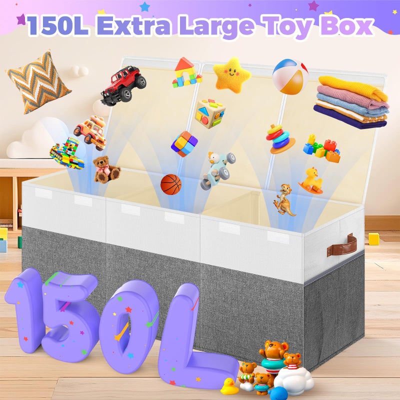 Mabahoo Extra Large Toy Storage Box with Lid, Collapsible Sturdy Toys Chest Storage Organizer Bin Basket with Divider for Kids, Boys, Girls, Closet, Playroom, Bedroom, Nursery, 40"X14"X16", Gray & White - Image 2