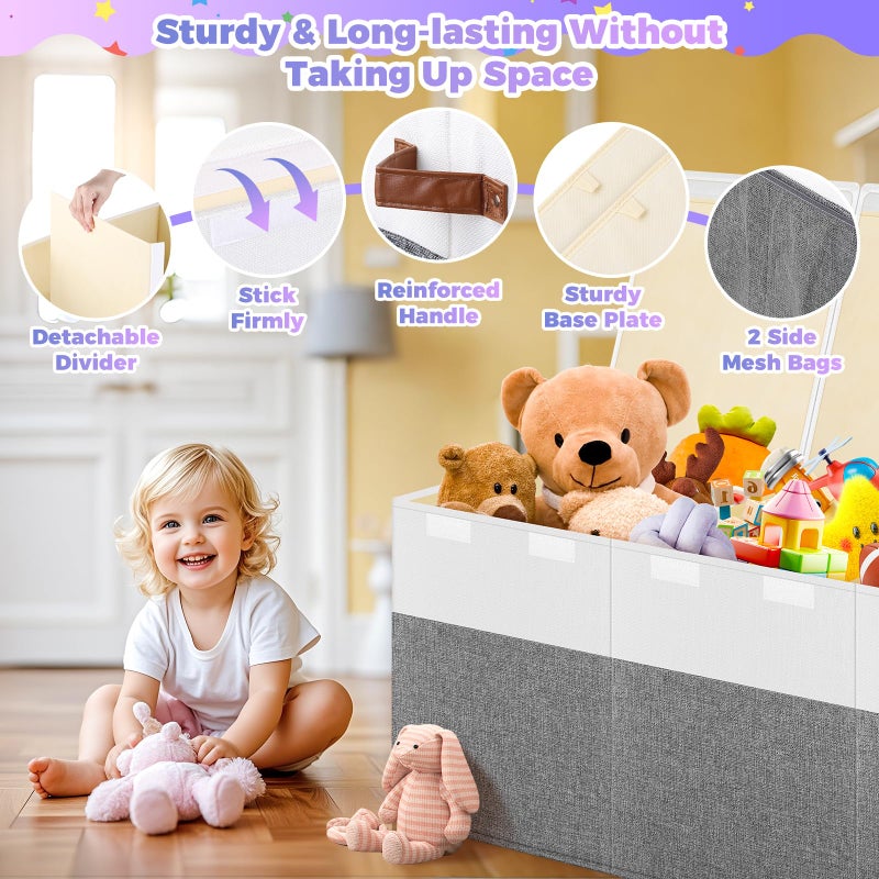 Mabahoo Extra Large Toy Storage Box with Lid, Collapsible Sturdy Toys Chest Storage Organizer Bin Basket with Divider for Kids, Boys, Girls, Closet, Playroom, Bedroom, Nursery, 40"X14"X16", Gray & White - Image 3