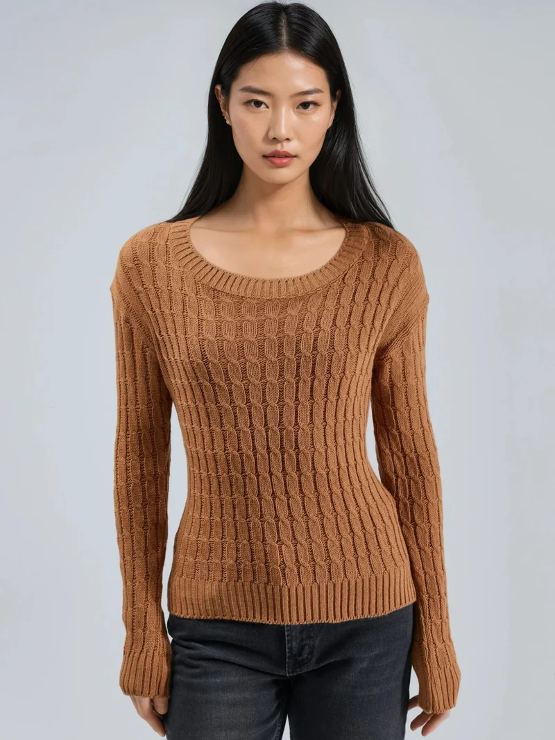 My Fashion Beaver Brown MY FASHION Boat Neck Cable Knit Sweater for Women | Best Price UAE