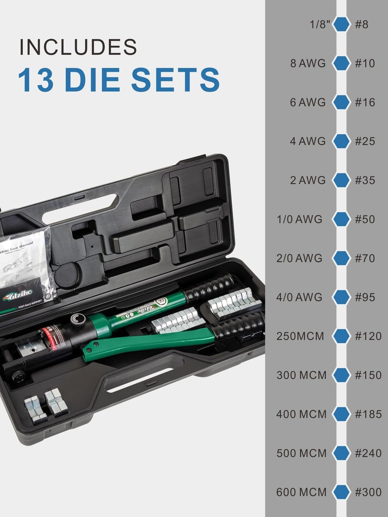 UTZIKO Industry Hydraulic Cable Lug Crimper 16 US TON 9 AWG to 600MCM Electrical Terminal Cable Wire Tool Kit with 13 Die (9awg~600mcm Crimping Tool) - Image 3