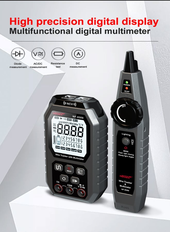 نويافا جهاز اختبار كابلات الشبكة NOYAFA، متتبع الأسلاك مع مقياس متعدد الوظائف، متتبع أسلاك إيثرنت، فولتميتر تيار مستمر/تيار متردد، مع تتبع الكابل/اختبار الطول/اختبار POE - Image 2