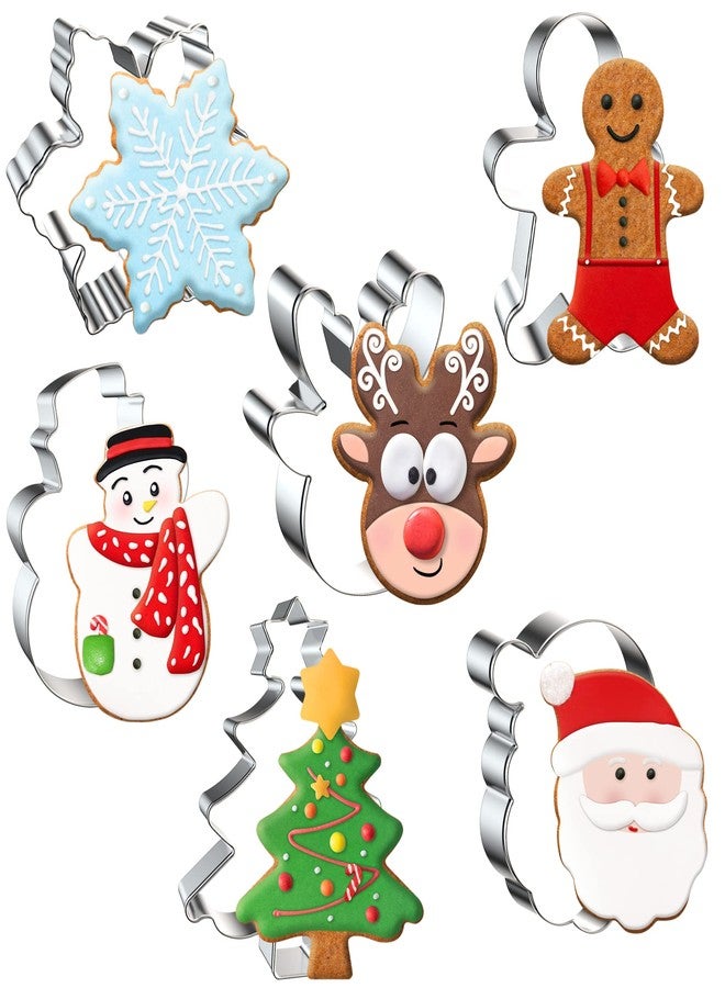 FUSOTO 6PCS Christmas Cookie Cutters, Holiday Xmas Cookie Cutters Christmas Shapes - Gingerbread Man, Snowflake, Snowman, Christmas Tree, Reindeer, Santa Face for Cookie Baking - Image 1
