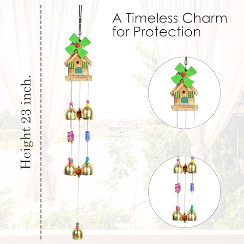 Hindcraft Rustic Wooden House Wind Chimes, 9 Brass Bells – Elegant Soothing Sounds, Positive Energy, Home Décor, Balcony Decor, Decorative Items for Living Room, Gifts for Women - Image 2