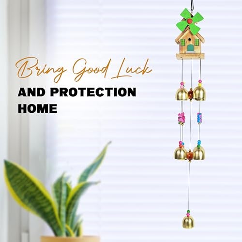 Hindcraft Rustic Wooden House Wind Chimes, 9 Brass Bells – Elegant Soothing Sounds, Positive Energy, Home Décor, Balcony Decor, Decorative Items for Living Room, Gifts for Women - Image 4
