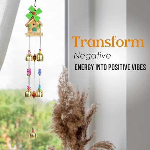 Hindcraft Rustic Wooden House Wind Chimes, 9 Brass Bells – Elegant Soothing Sounds, Positive Energy, Home Décor, Balcony Decor, Decorative Items for Living Room, Gifts for Women - Image 3