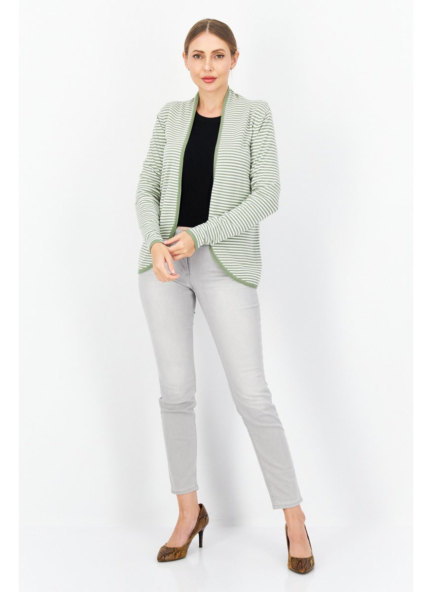 Zero Women Open Front Long Sleeve Strip Cardigans, White  - Image 3