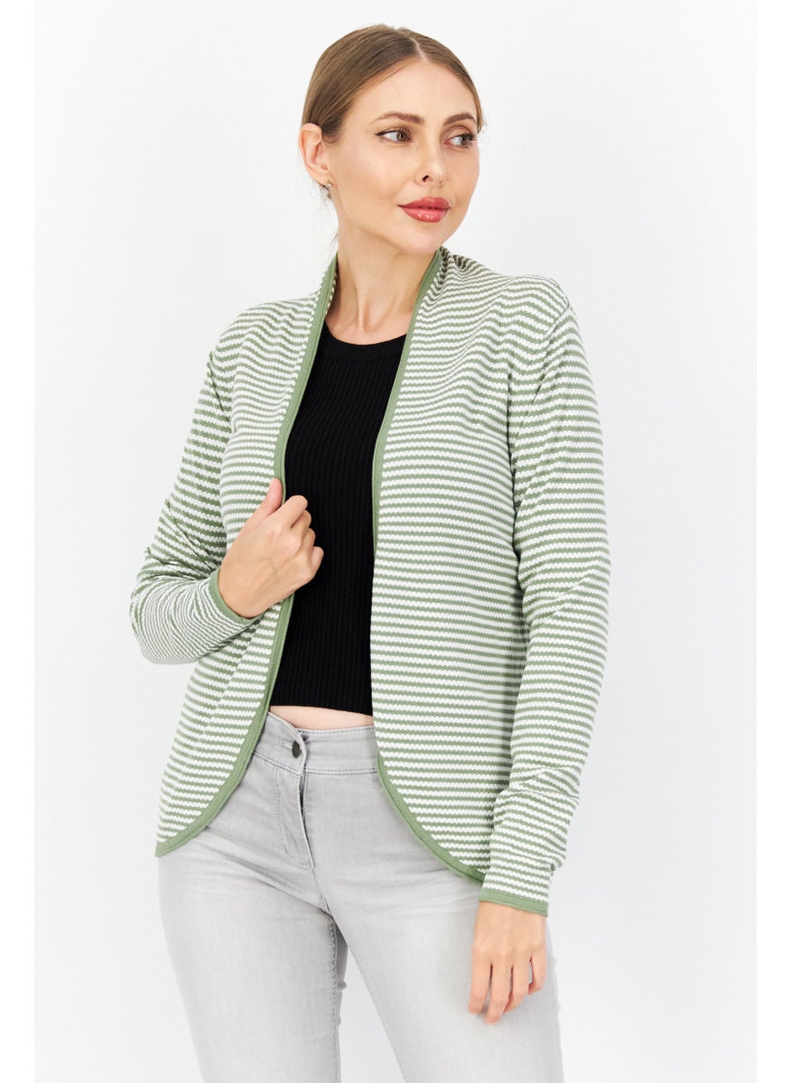 Zero Women Open Front Long Sleeve Strip Cardigans, White  - Image 1