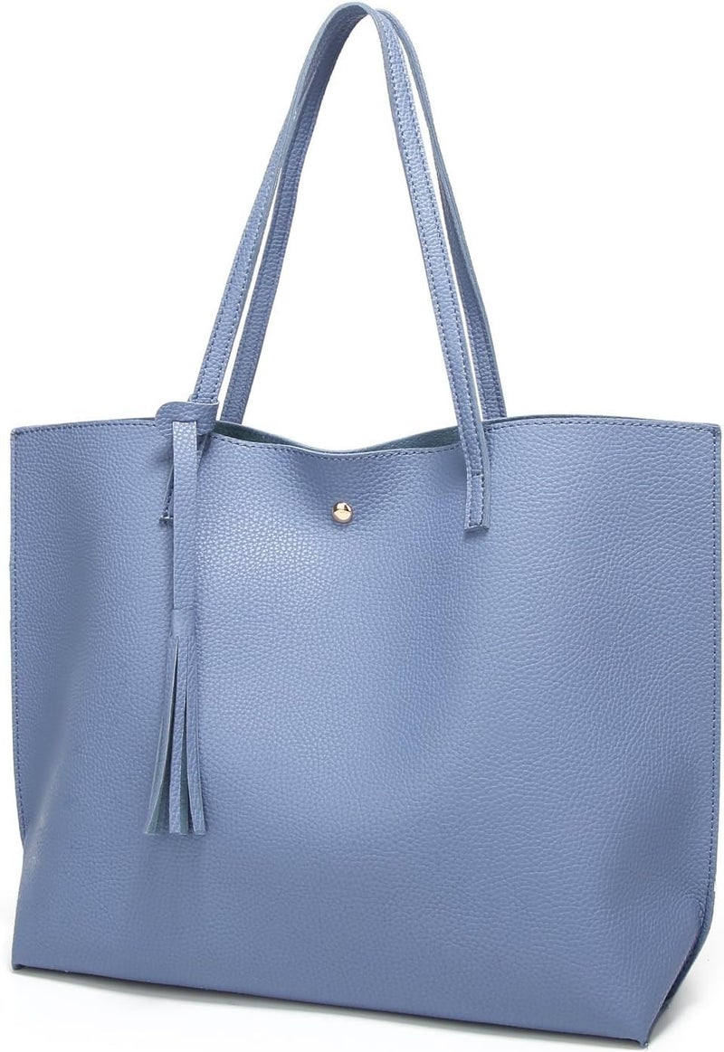 KRIFTY Soft Faux Leather Tote Bag with Tassel, Large Shoulder Handbag (BLUE) - Image 3
