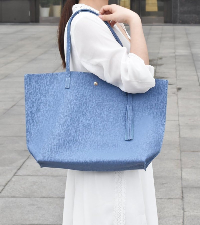 KRIFTY Soft Faux Leather Tote Bag with Tassel, Large Shoulder Handbag (BLUE) - Image 5