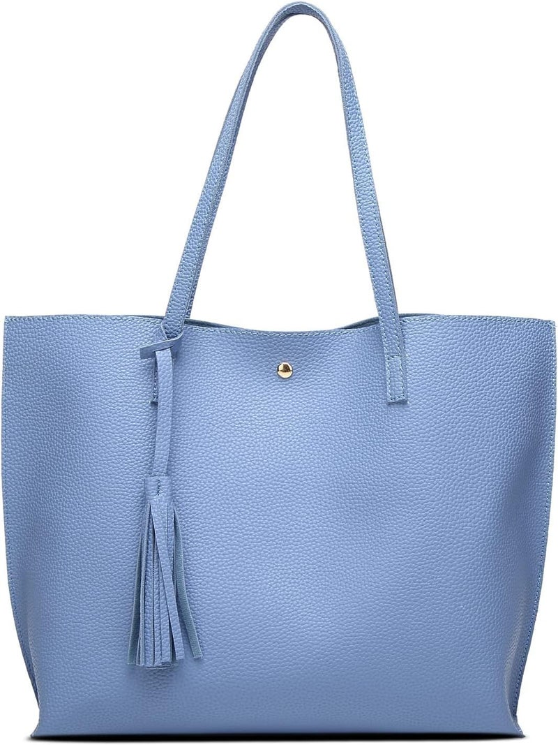KRIFTY Soft Faux Leather Tote Bag with Tassel, Large Shoulder Handbag (BLUE) - Image 1