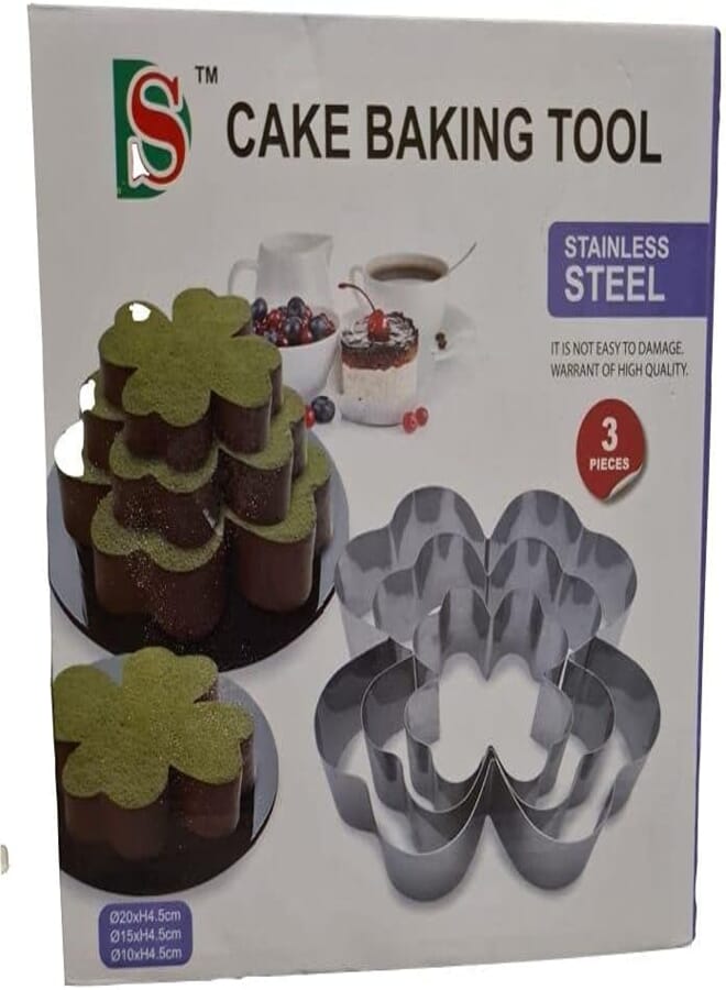SD Rose Shape Stainless Steel Cake Mold, 3 Pieces 20,15,10 Cm - Silver