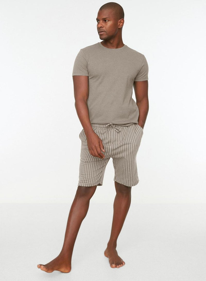 trendyol Men's Mink Regular Fit Knitted Pajama Set with Striped Shortstmnss22Em0013 - Image 1