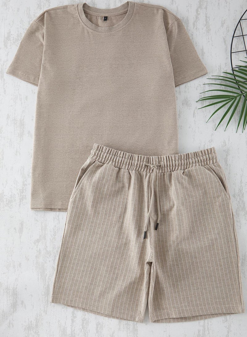 trendyol Men's Mink Regular Fit Knitted Pajama Set with Striped Shortstmnss22Em0013 - Image 4